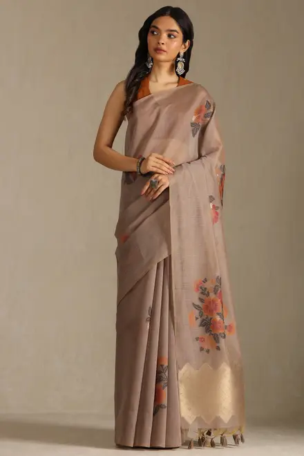 Earth Chanderi Floral Print Saree